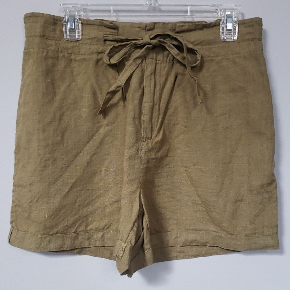 Sigrid Olsen Linen Shorts Women's L Olive Pull on Paper Bag High Waist